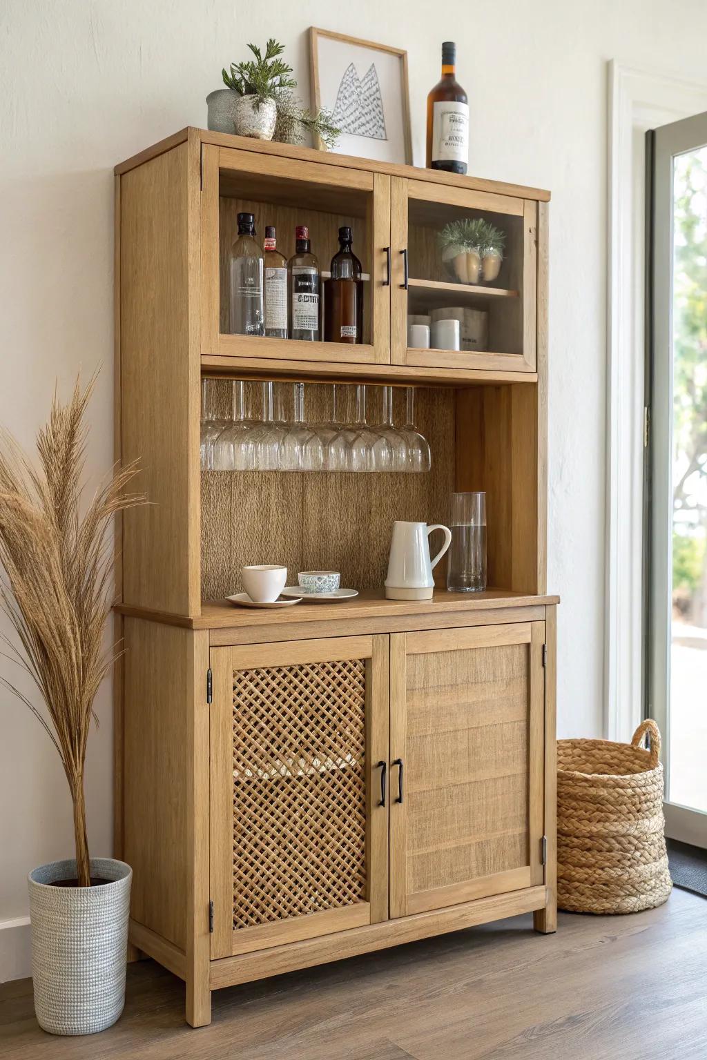 Hutch-style coffee + liquor bar in light oak—glassware up top, clutter hidden, mugs on brass hooks.
