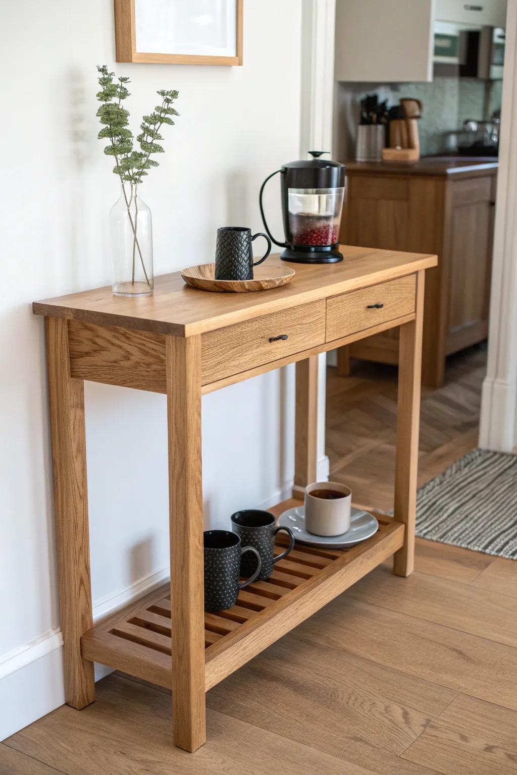 A wall-hugging slim coffee station table—big brew style in a tiny “nothing space.”