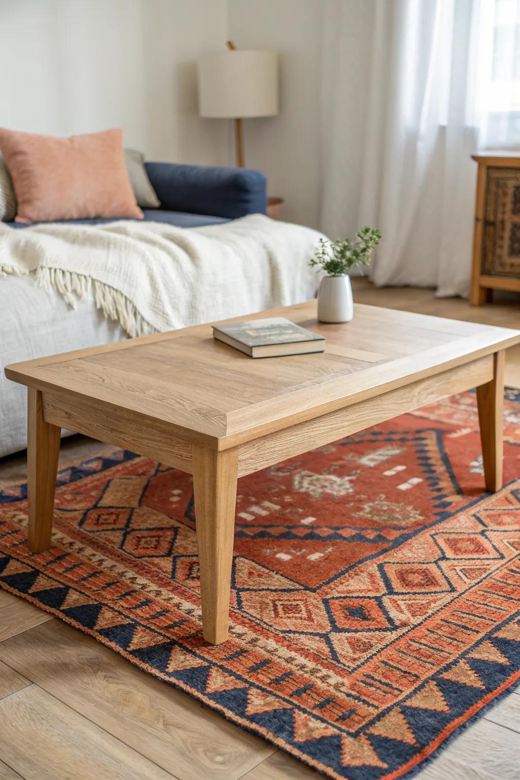 A rug-defined mini lounge—center a handcrafted wood coffee table for a bedroom retreat.
