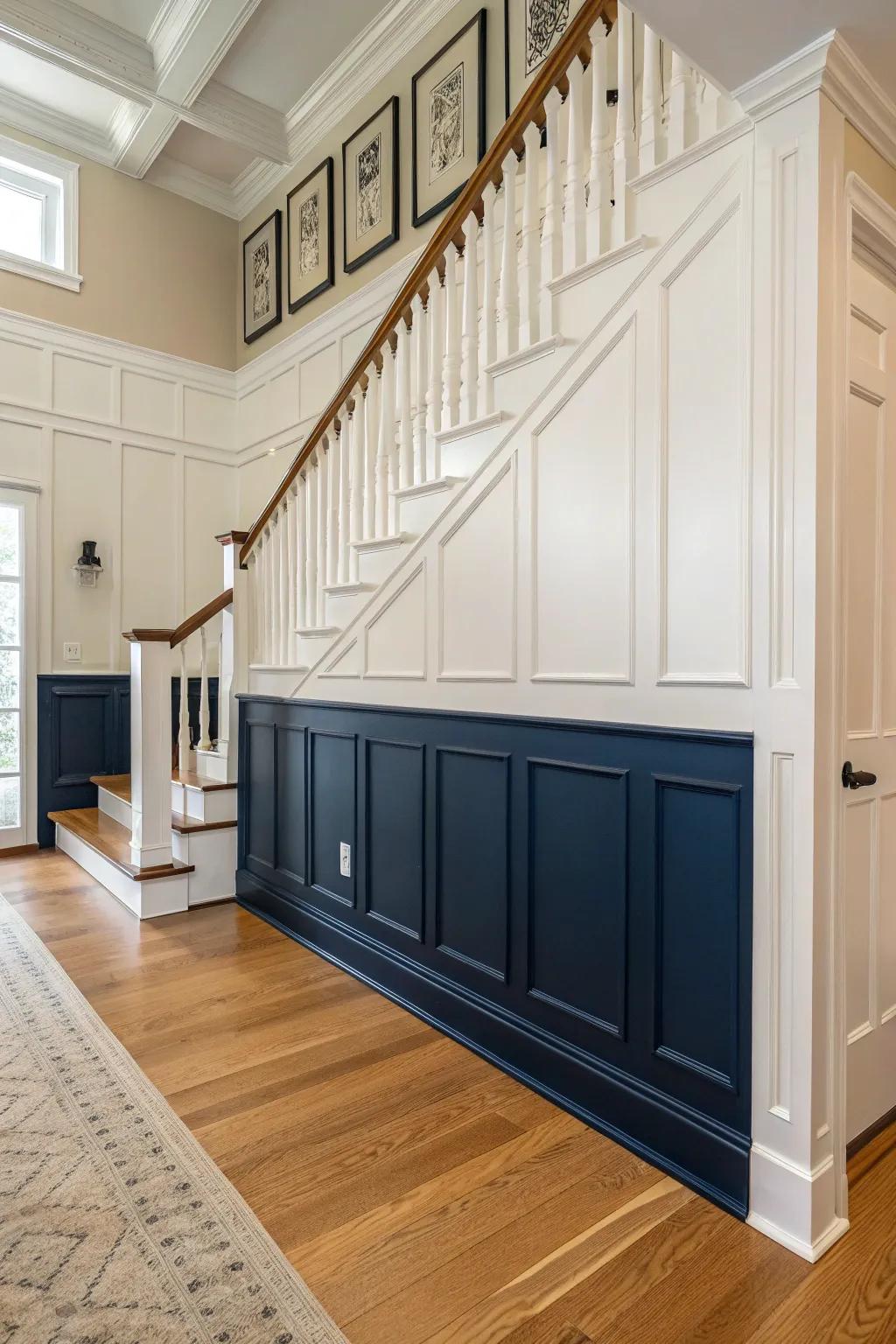 Crisp raised-panel wainscoting gives your colonial foyer instant structure—no clutter required.