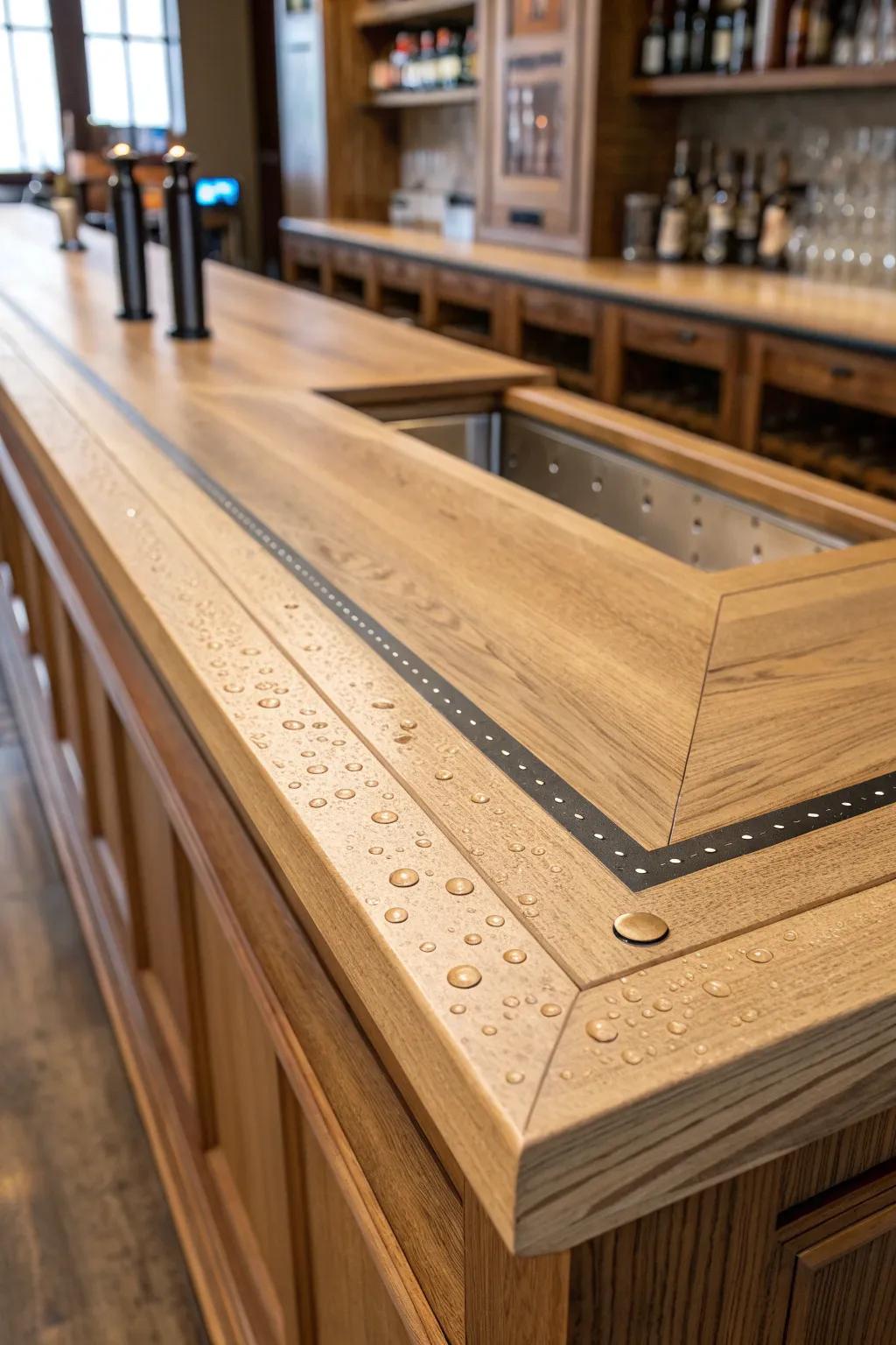 Built-in drink rail landing zone: routed recess protects the finish and ends ring-stain complaints.