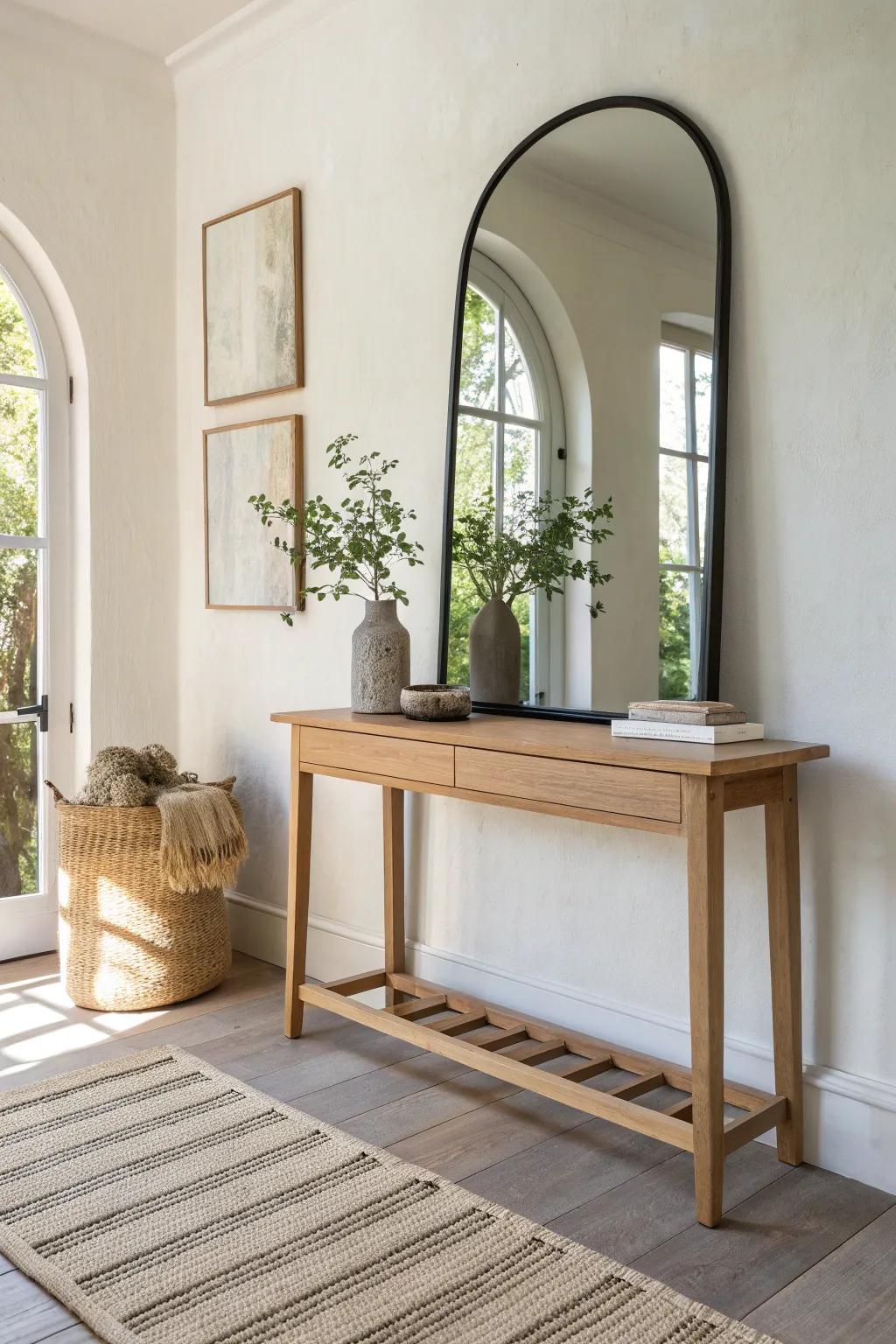 A large leaning mirror on a sleek oak console table—effortless, no-drill style with bold contrast.