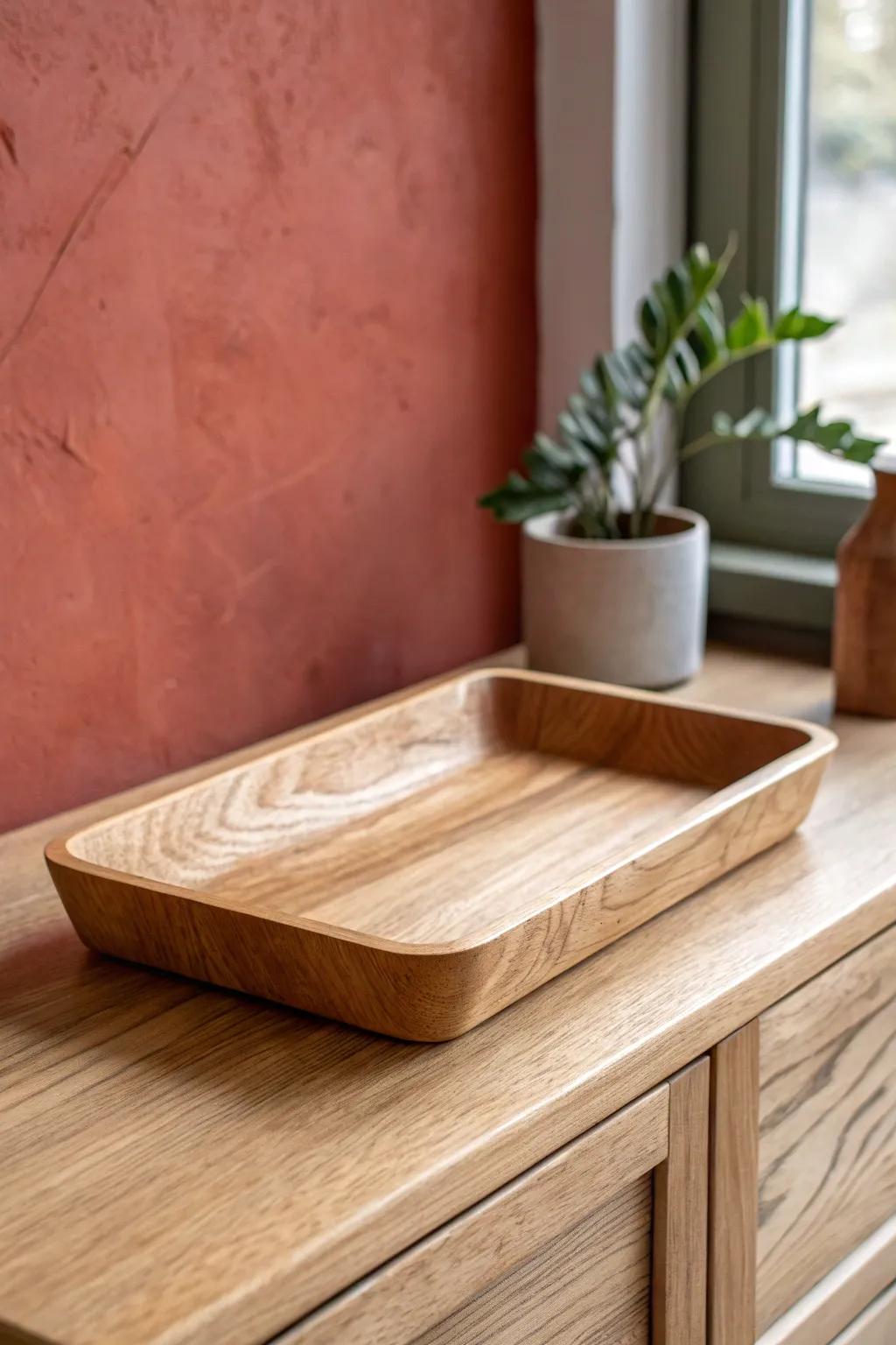 A handcrafted wooden catchall tray keeps your entry console polished, not piled.