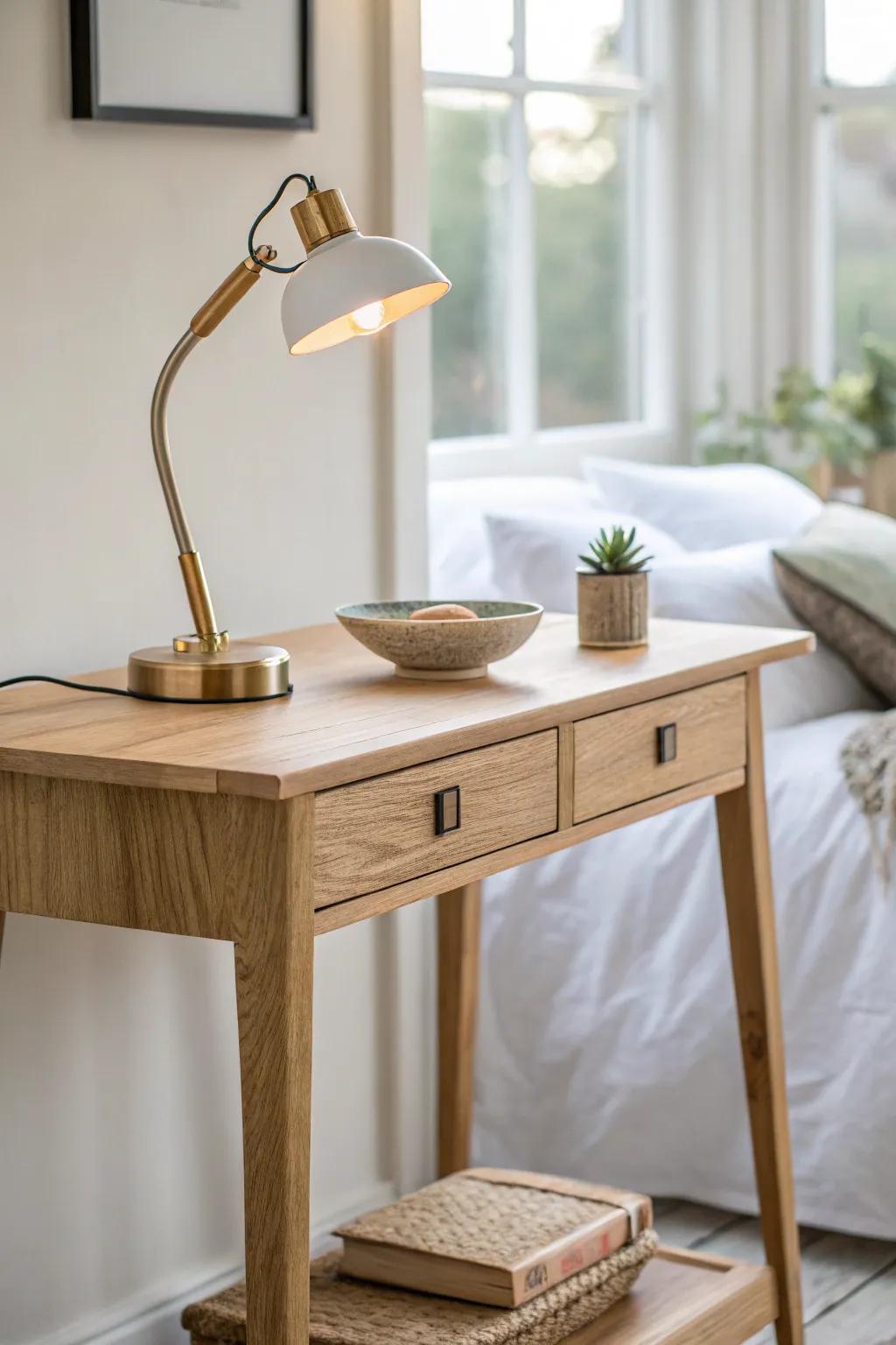 A console table mini desk: warm oak, soft lamp glow, and one bowl to keep life tidy.