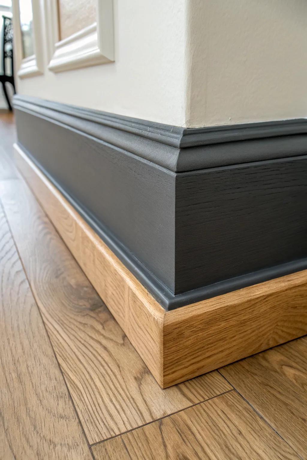 Matte charcoal baseboards add a crisp, grounding line that makes light walls feel anchored.