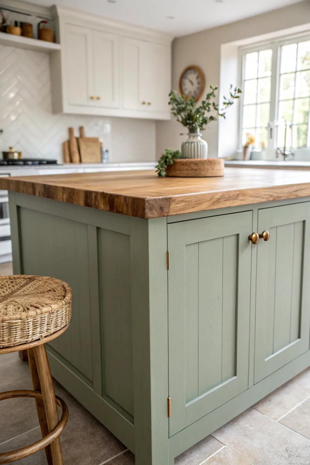 Muted sage island with oak top—natural contrast that warms up a light, airy kitchen.