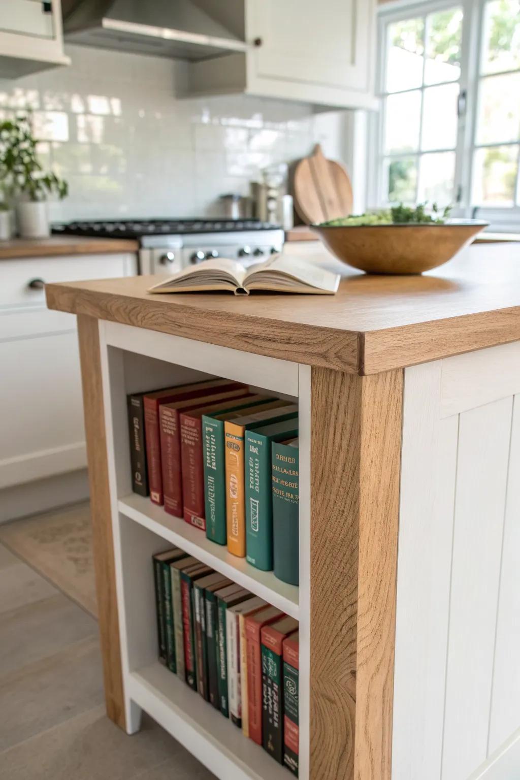 Chunky oak island-end cookbook shelf—your kitchen’s little library, ready for browsing.