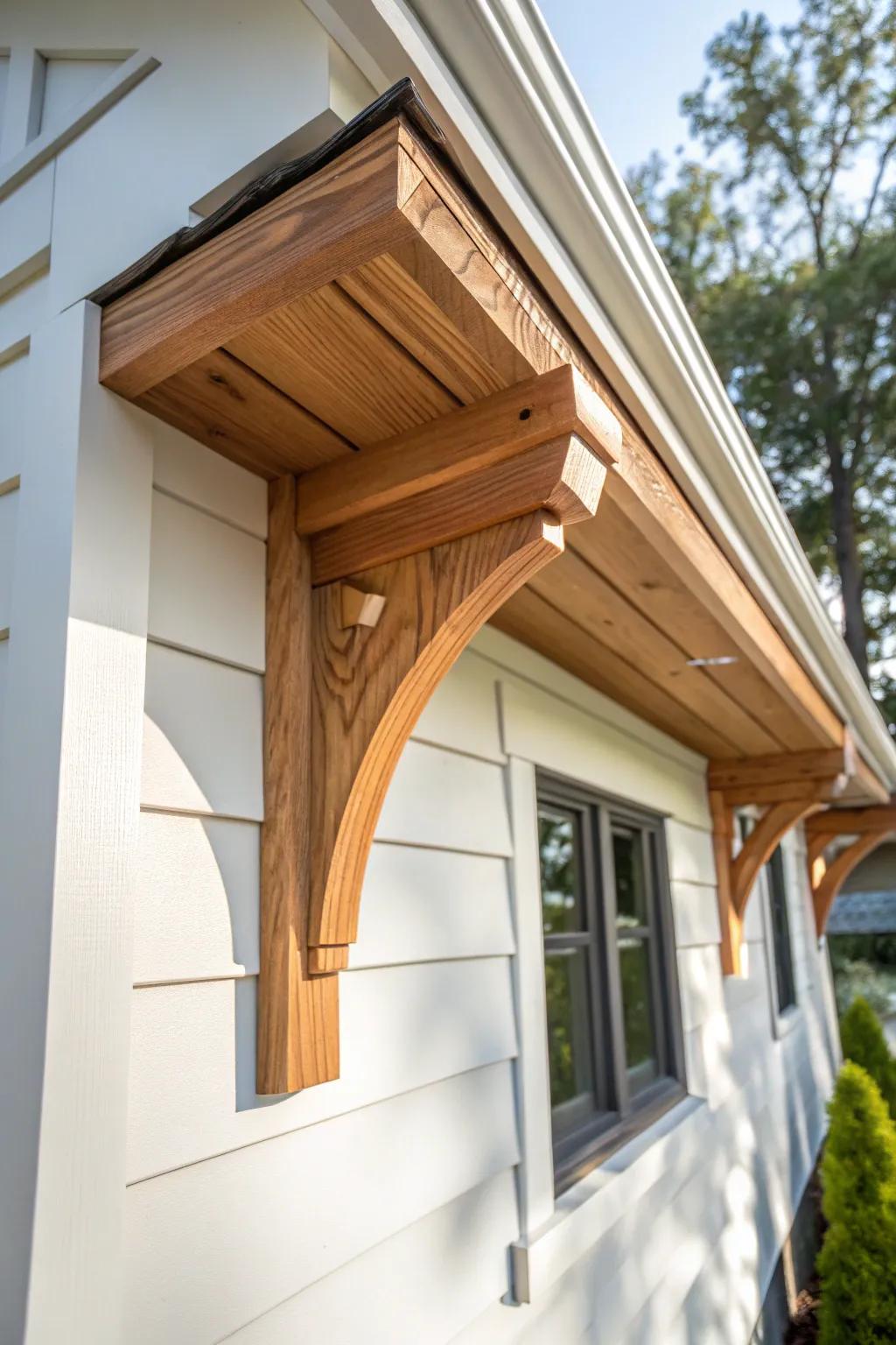 Cedar eave corbel in crisp focus—Craftsman rhythm that elevates a roofline instantly.