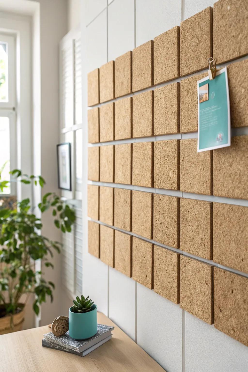 Cork tile grid wall: a modern built-in look with warm texture and one bold pop of color.