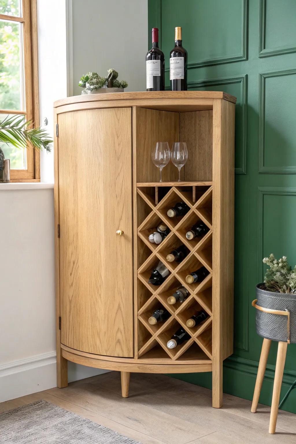 Built‑in X‑grid wine storage turns a corner bar cabinet into a tidy, boutique statement piece.