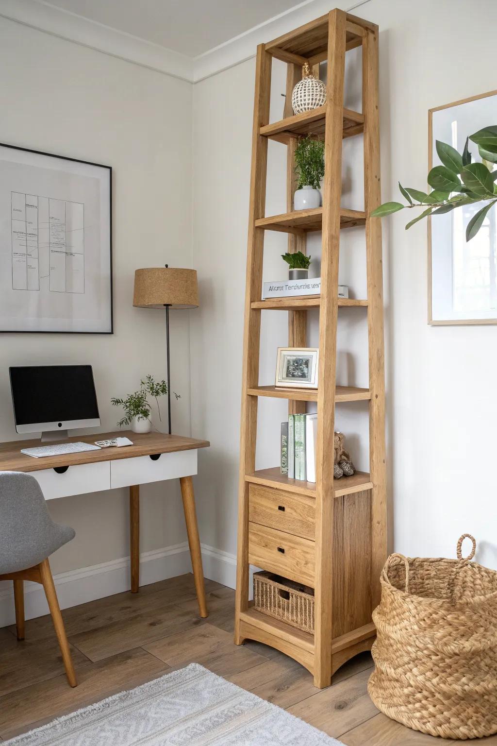 Floor-to-ceiling corner shelf tower in warm oak—minimal footprint, maximum storage, beautifully tidy.