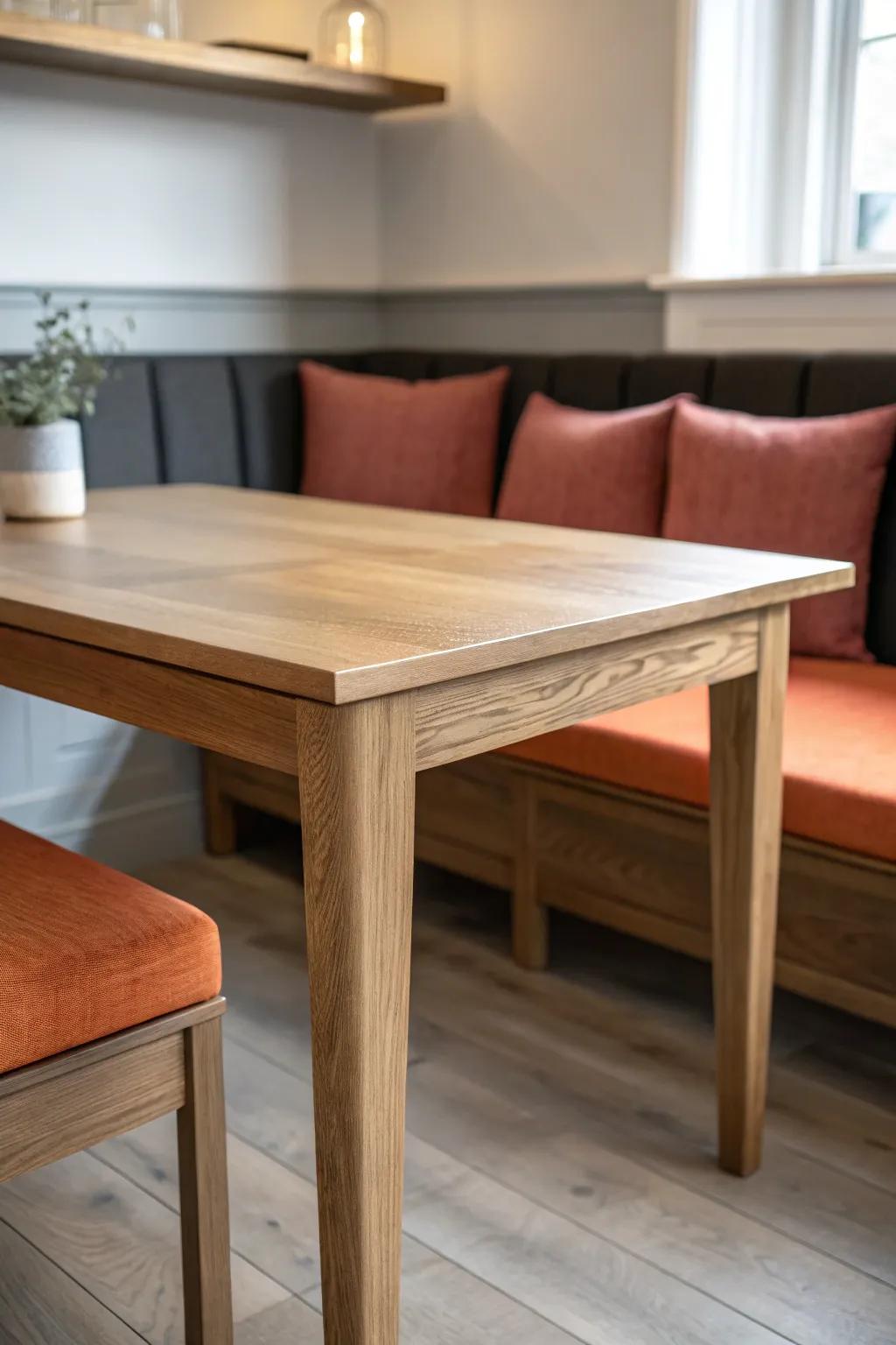 A slim oak rectangle table anchors an L-bench corner—intentional, airy, and handcrafted.