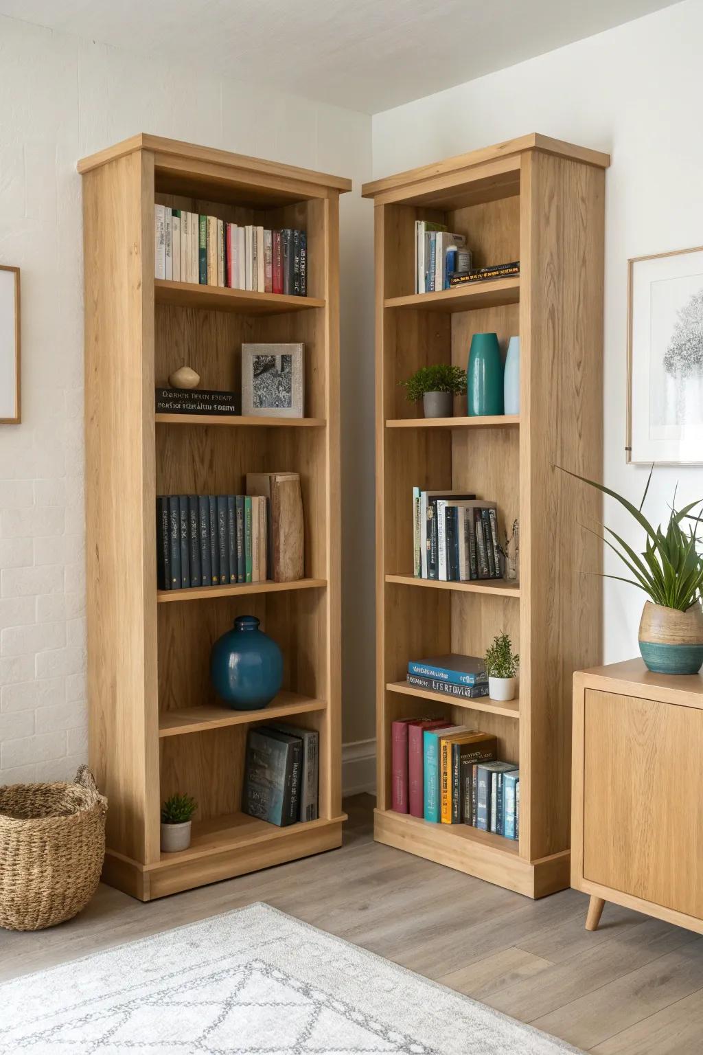 Two matching bookcases meet in the corner—instant library look with a seamless top board.
