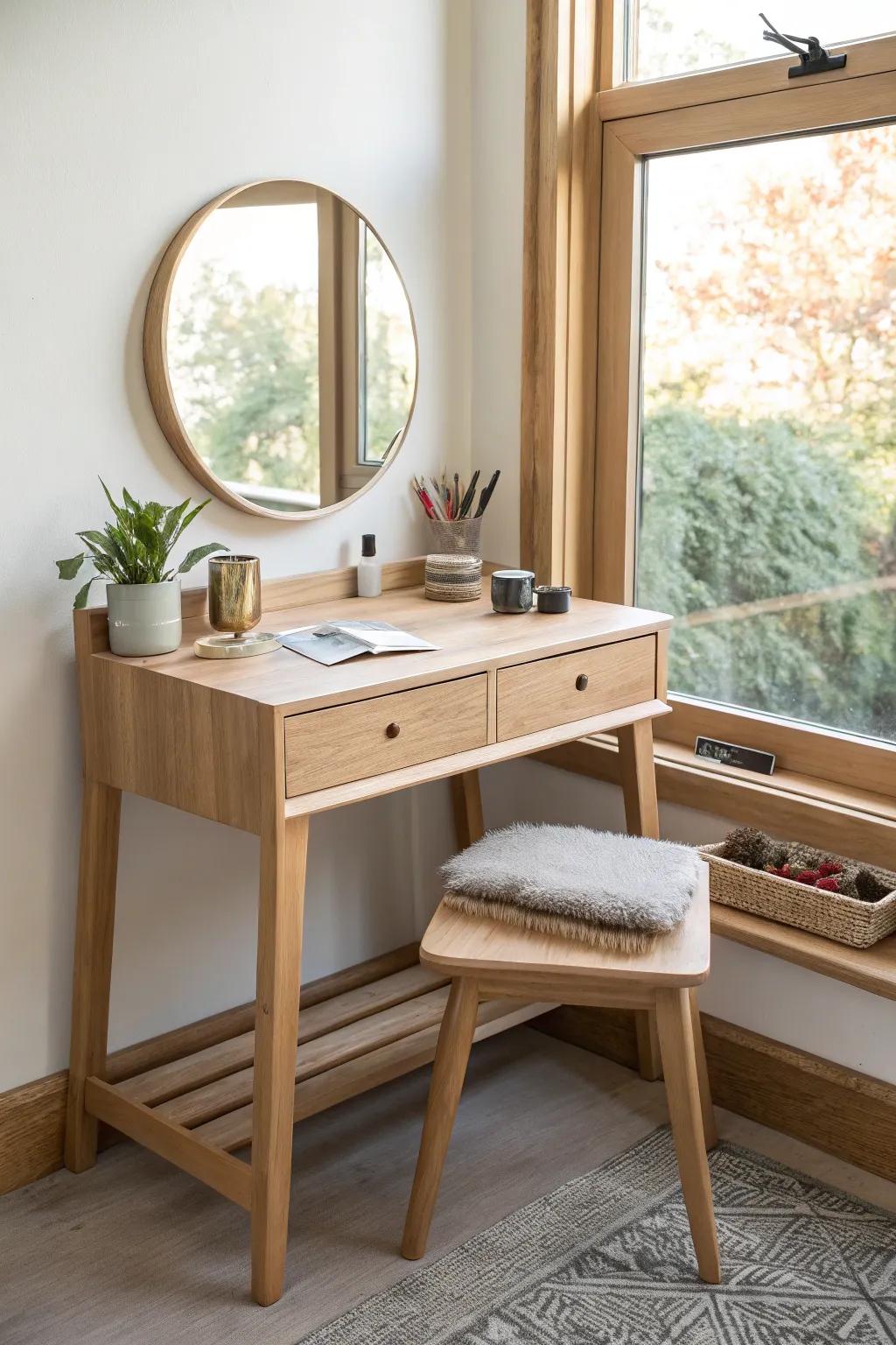 Window-lit corner vanity in pale oak—minimal, boho-warm, with a handy brush ledge.