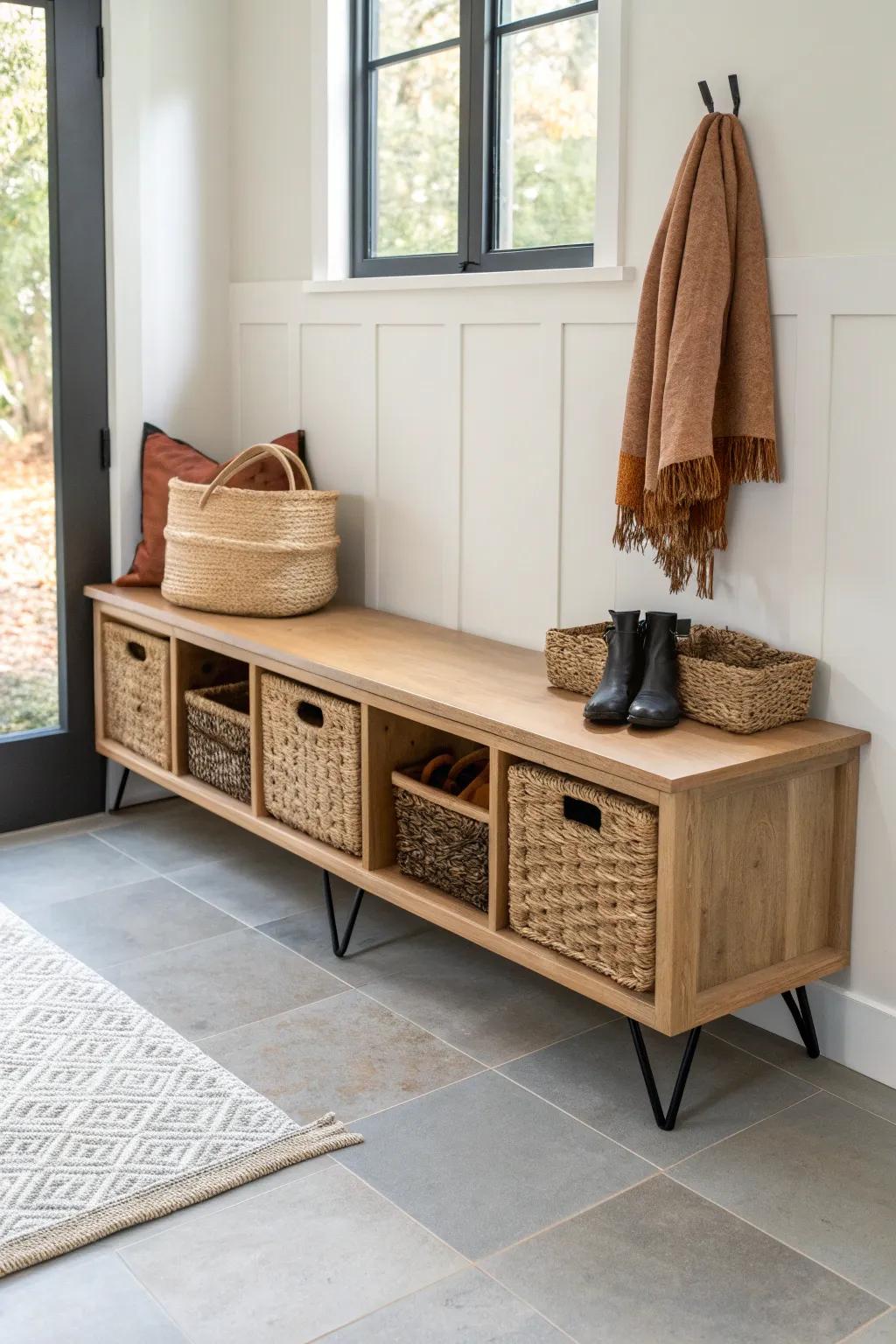 A corner bench with woven baskets makes grab‑and‑go storage easy—and keeps floors visible.