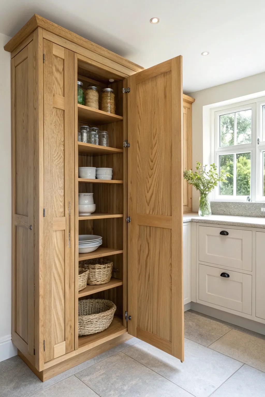 Floor-to-ceiling corner pantry shelves with headroom up top—minimal, warm oak, and beautifully practical.
