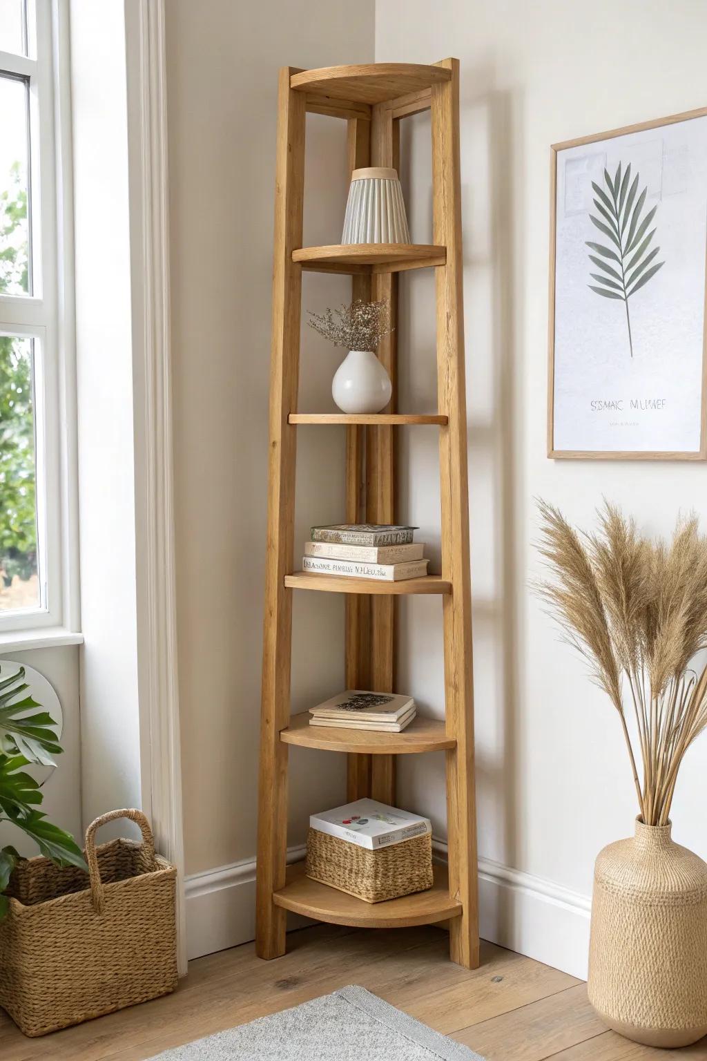 A tall freestanding corner shelf tower—oak warmth, stable base, and beautifully styled storage.