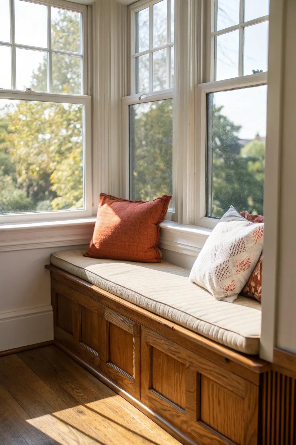Sunlit reclaimed-wood window seat with cozy linen pillows—simple, warm, and beautifully crafted.