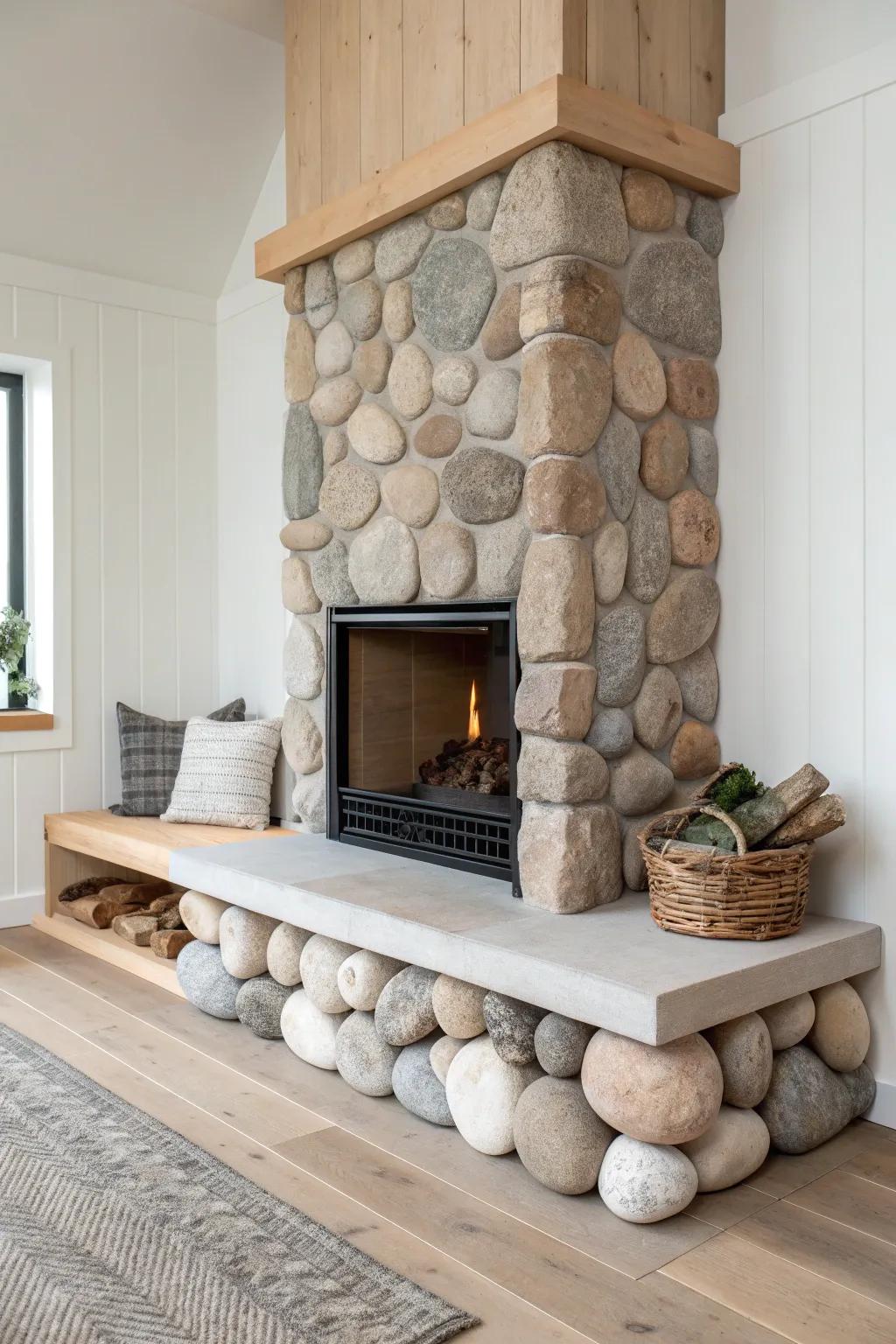 River rock corner fireplace with a raised oak hearth bench—cozy, sculptural, and minimalist.