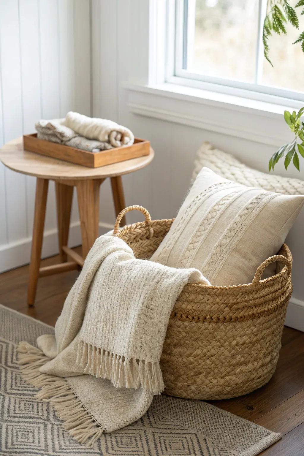 A woven basket under your corner table adds cozy storage while keeping the surface clean.