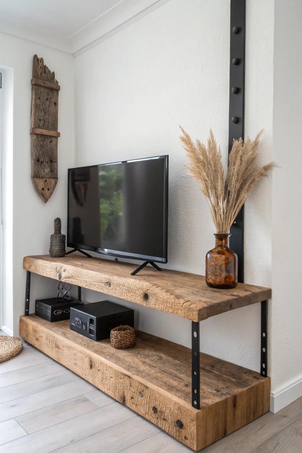 Chunky rustic corner TV shelf with bold black brackets—farmhouse charm, clean and minimal.