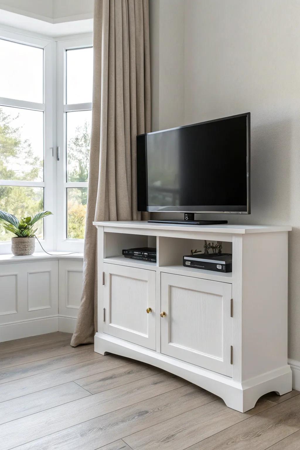 Crisp white corner console with softly distressed edges—bright, minimal, and warmly handmade.