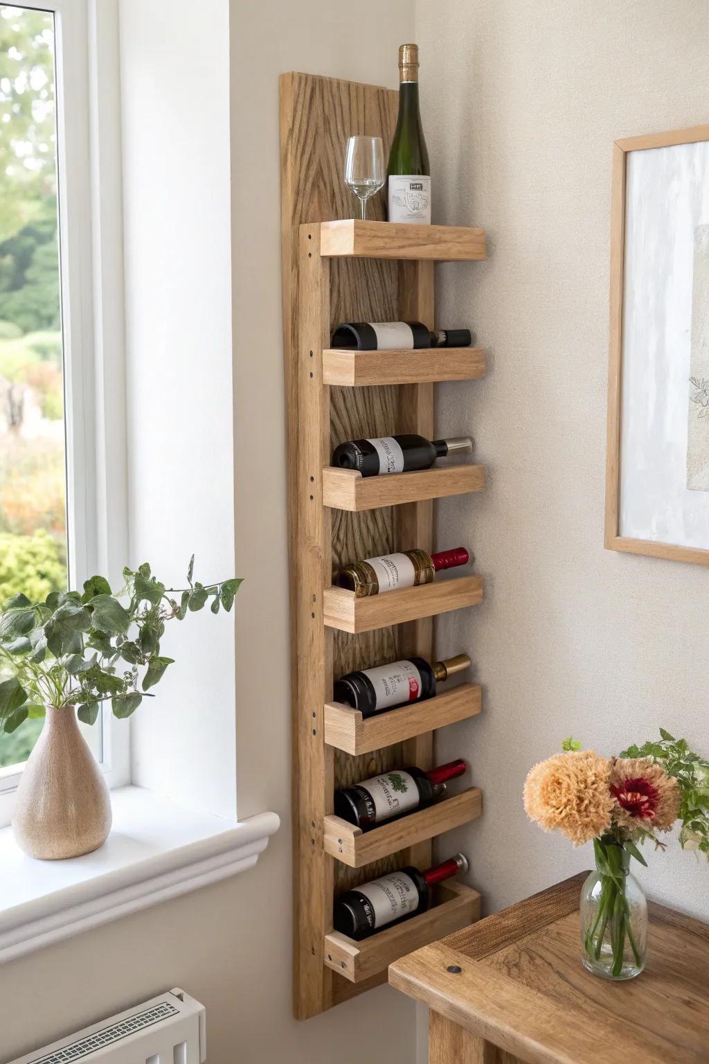 Sleek floating corner wine rack in light oak—rental-friendly, built-in look with bold contrast.