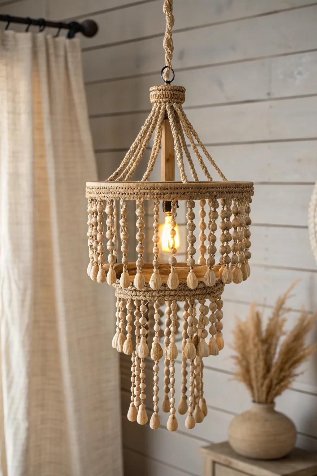 Layered wood beads glow like jewelry—soft, warm light for a cozy cottage ceiling.