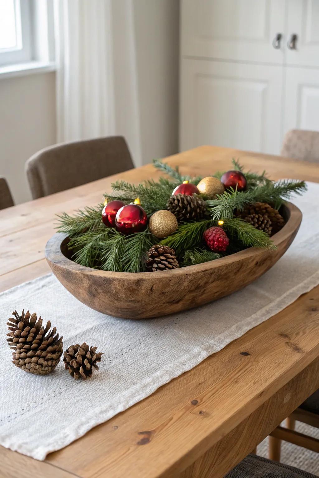 Rustic wood dough bowl centerpiece with evergreens, pinecones & vintage red-gold ornaments.