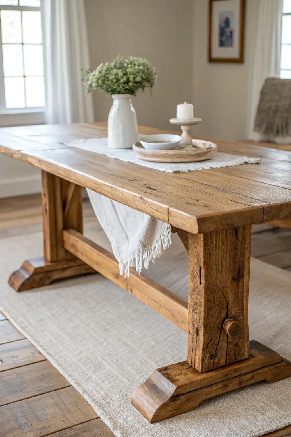 Vintage trestle table warmth: chunky oak craftsmanship in a calm Scandinavian farmhouse setting.