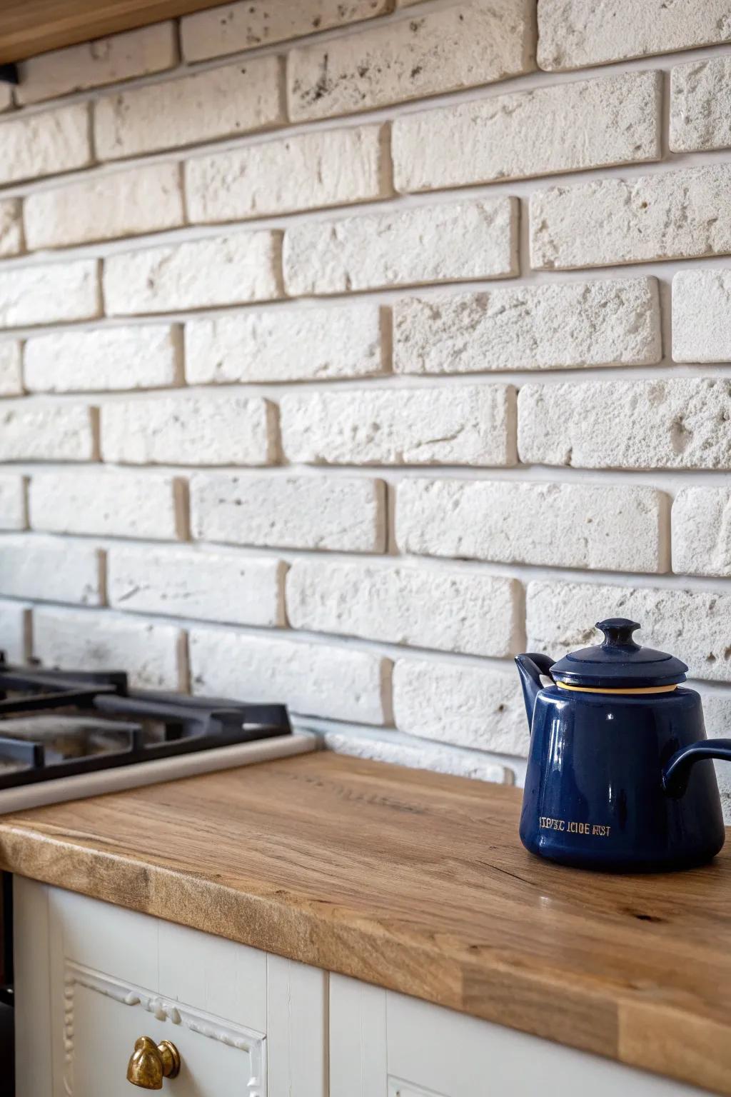 Whitewashed brick backsplash texture: cottage-hearth charm with crisp Scandinavian contrast.