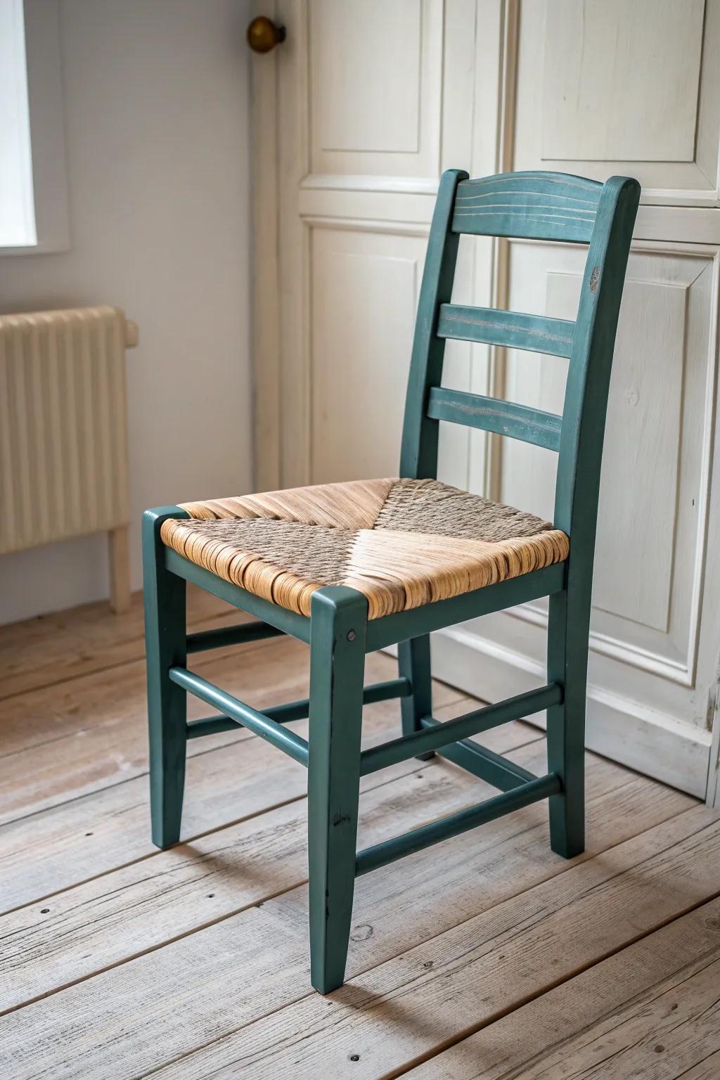 A thrifted chair with milk-paint charm—mismatched, cozy, and perfectly cottagecore.