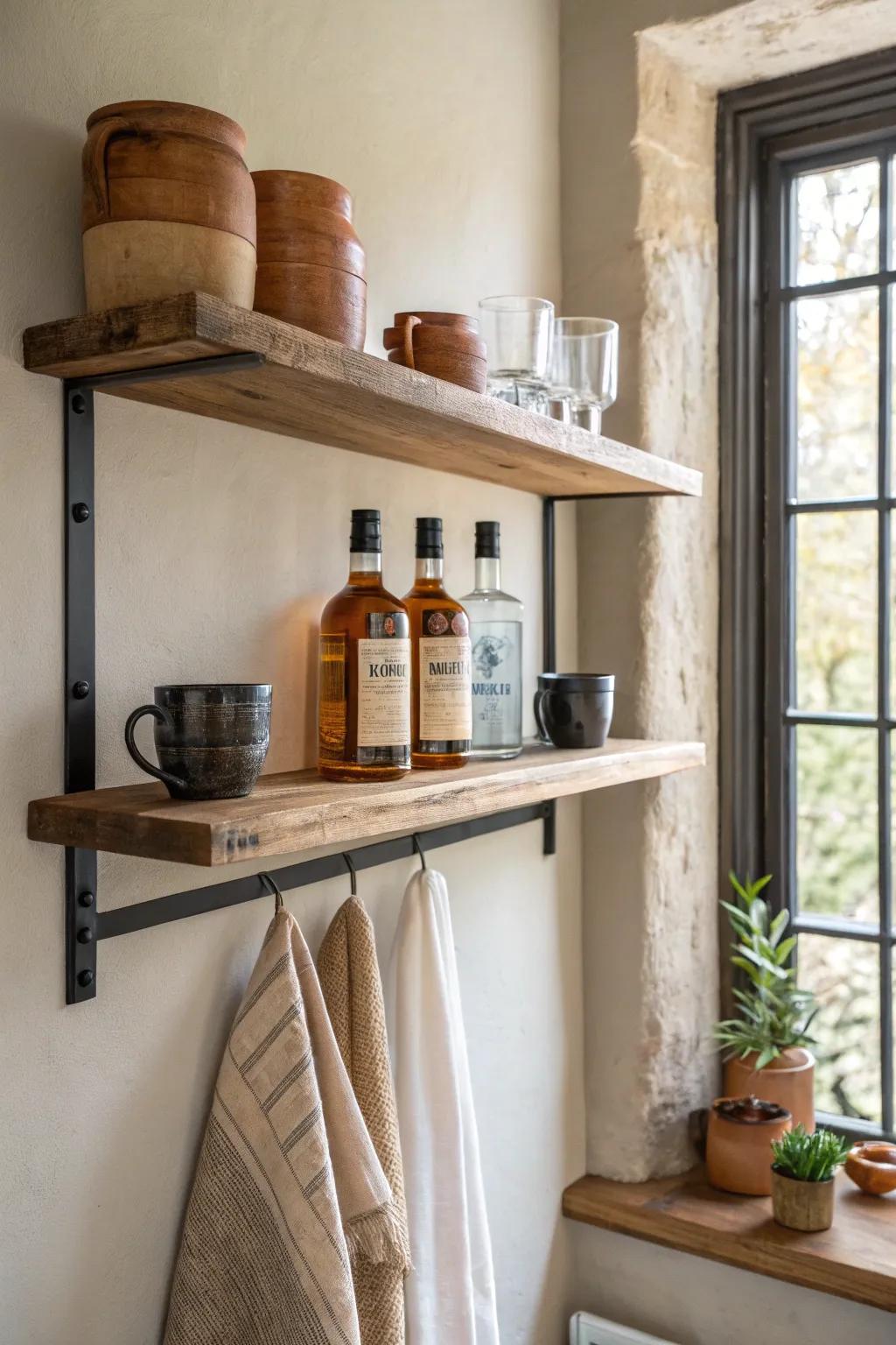 Thick oak open shelf with bold bottles and handmade mugs—easy, rustic country bar style.