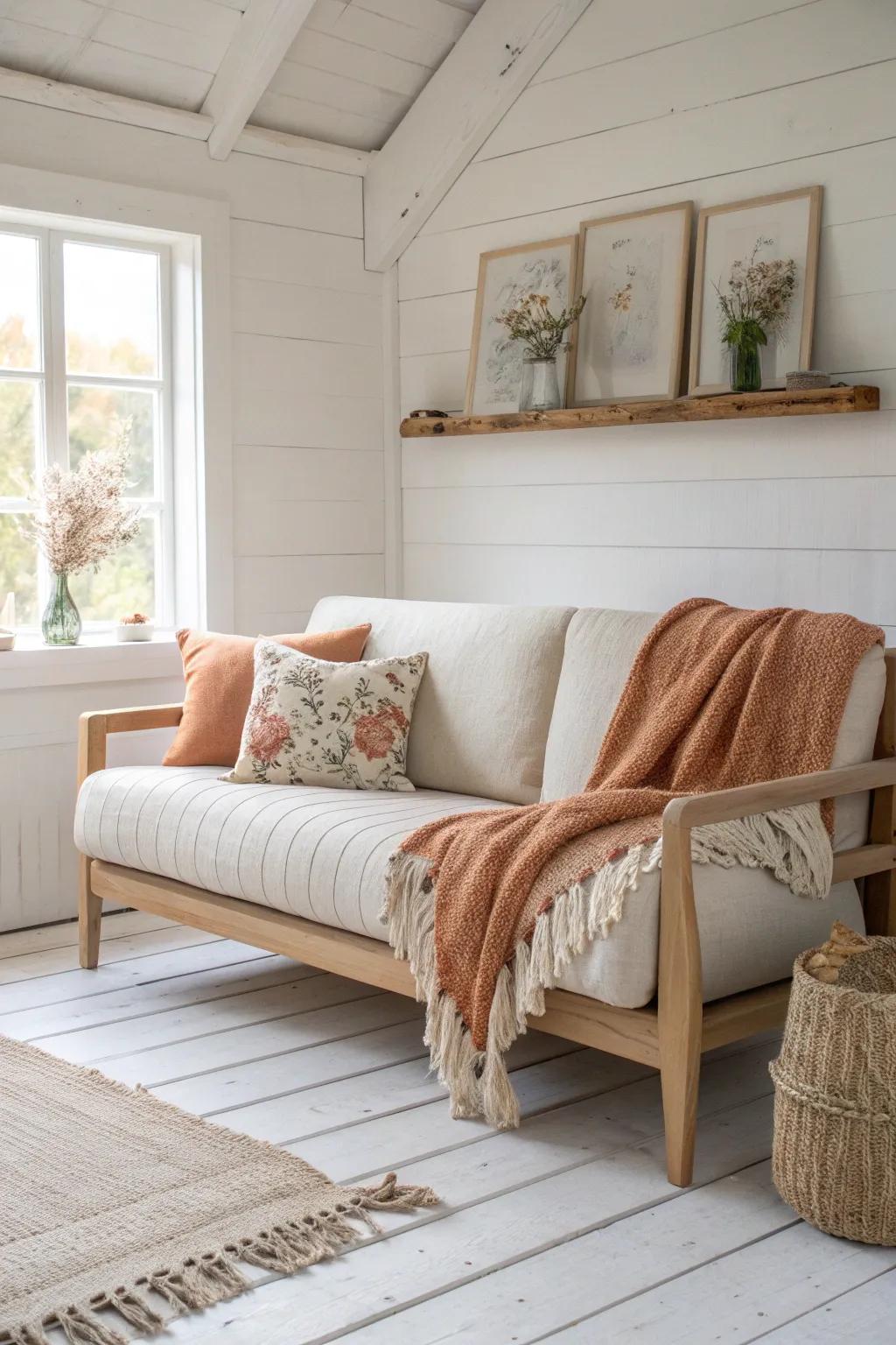 Linen-look layers + a faded floral pillow for instant country-cottage sofa coziness.