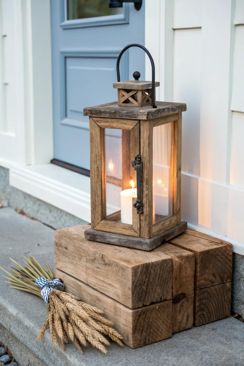 Rustic lantern glow on reclaimed wood—an inviting country fall welcome right at the door.