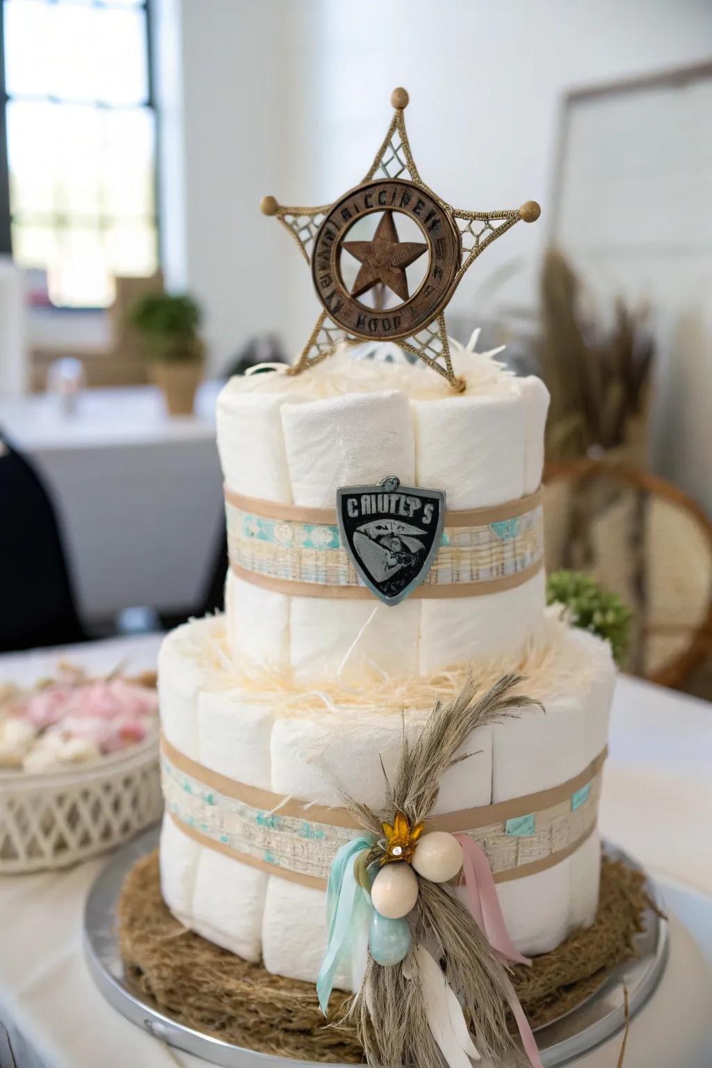 Make your baby shower the talk of the town with a stunning sheriff's badge diaper cake centerpiece!