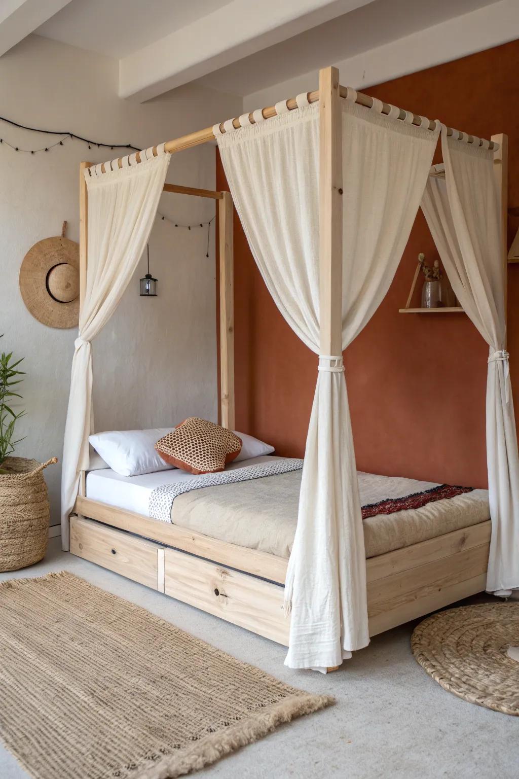 A breezy linen canopy + warm wood bed = an instant cocoon you’ll never want to leave.