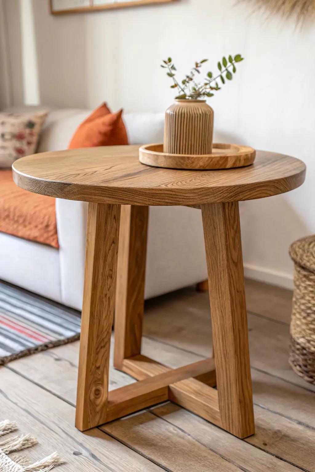 Natural oak grain warms a minimalist living room instantly—simple, cozy, never sterile.