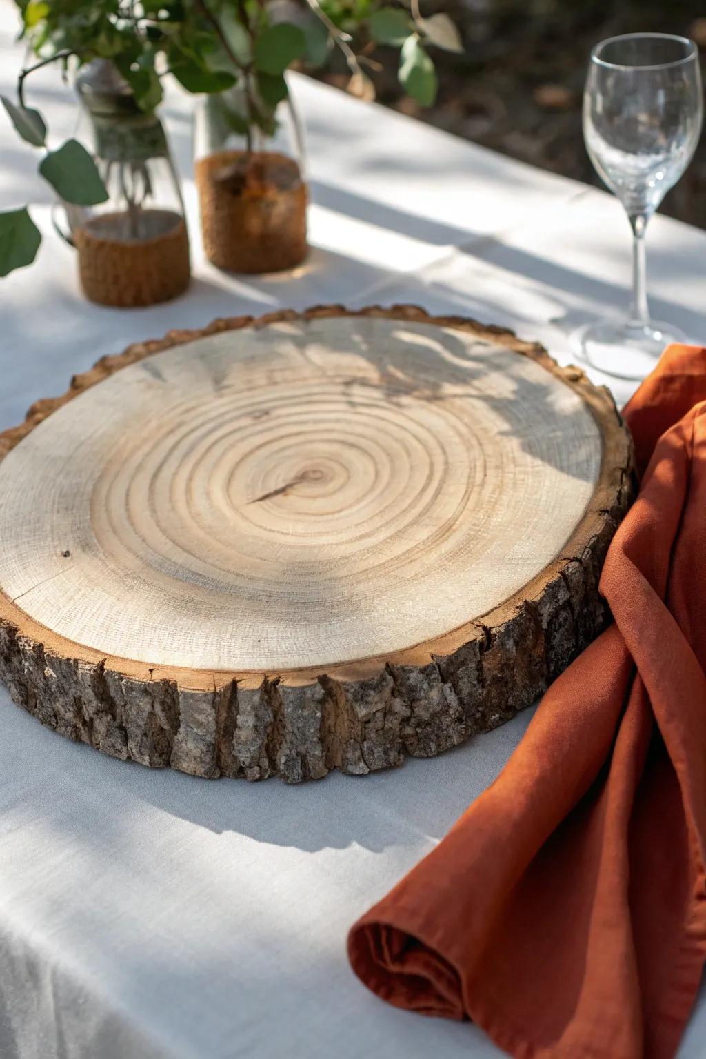 Rustic matte wood slice charger—minimal, warm, and perfect for elevating any tablescape.