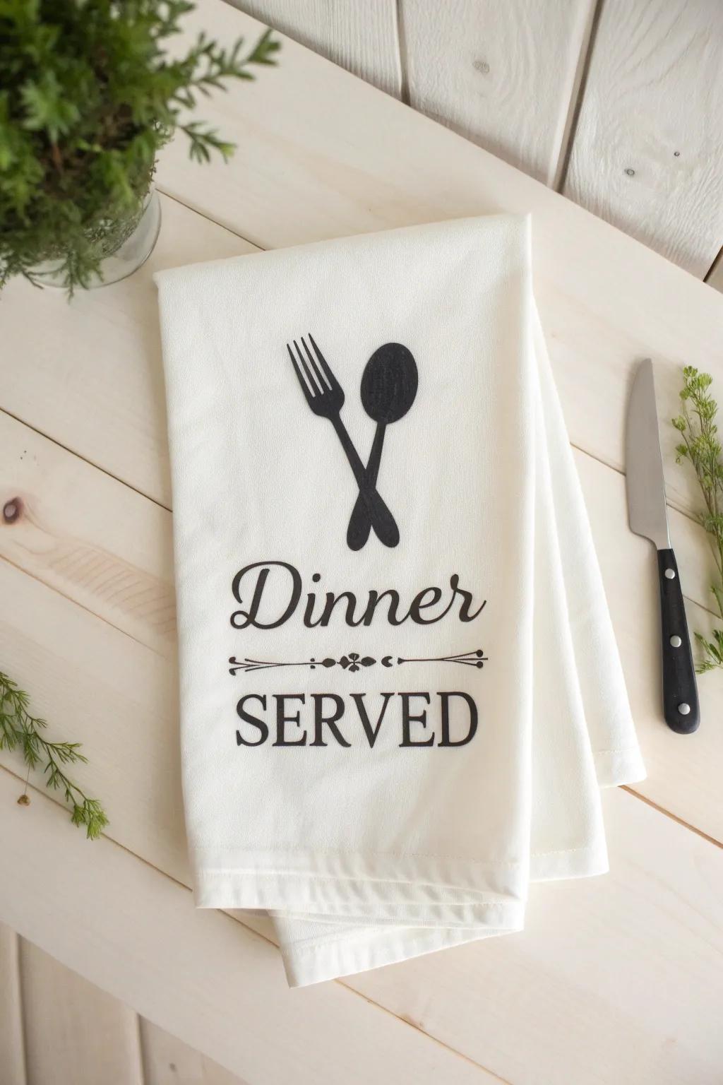 Elevate your kitchen decor with bold, minimalist designs—this 'Dinner is Served' towel brings elegance and charm with every glance.