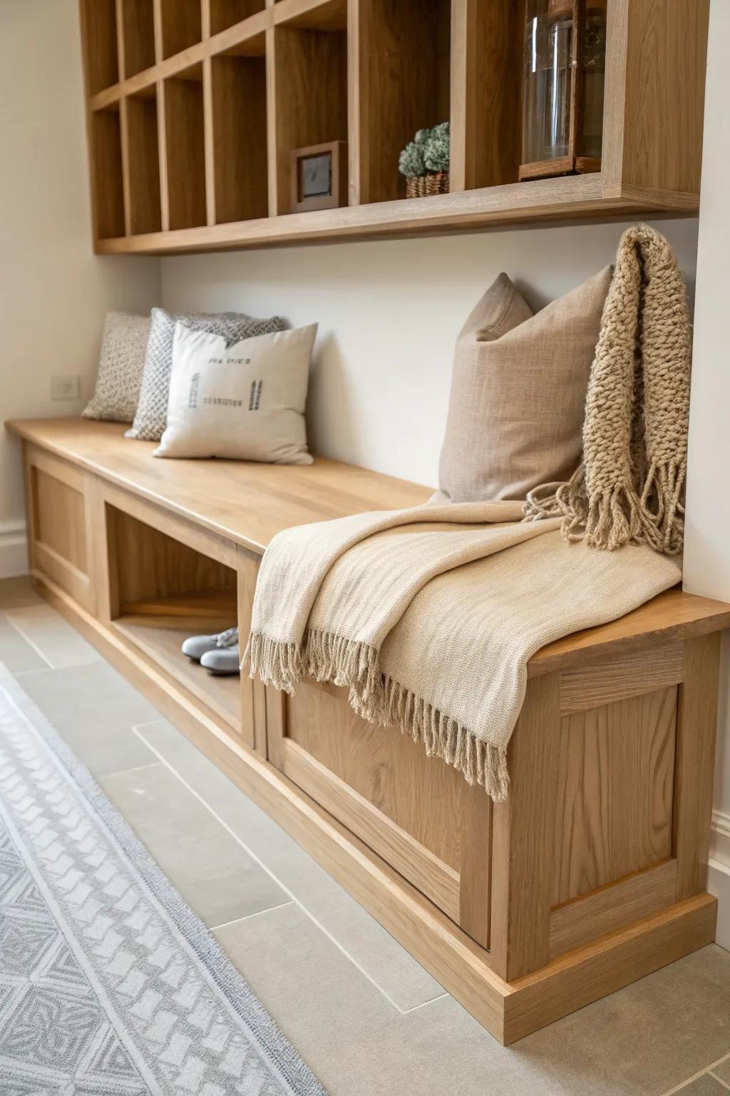 Turn cubbies into a cozy retreat: neutral pillow + folded throw on a warm wood bench.