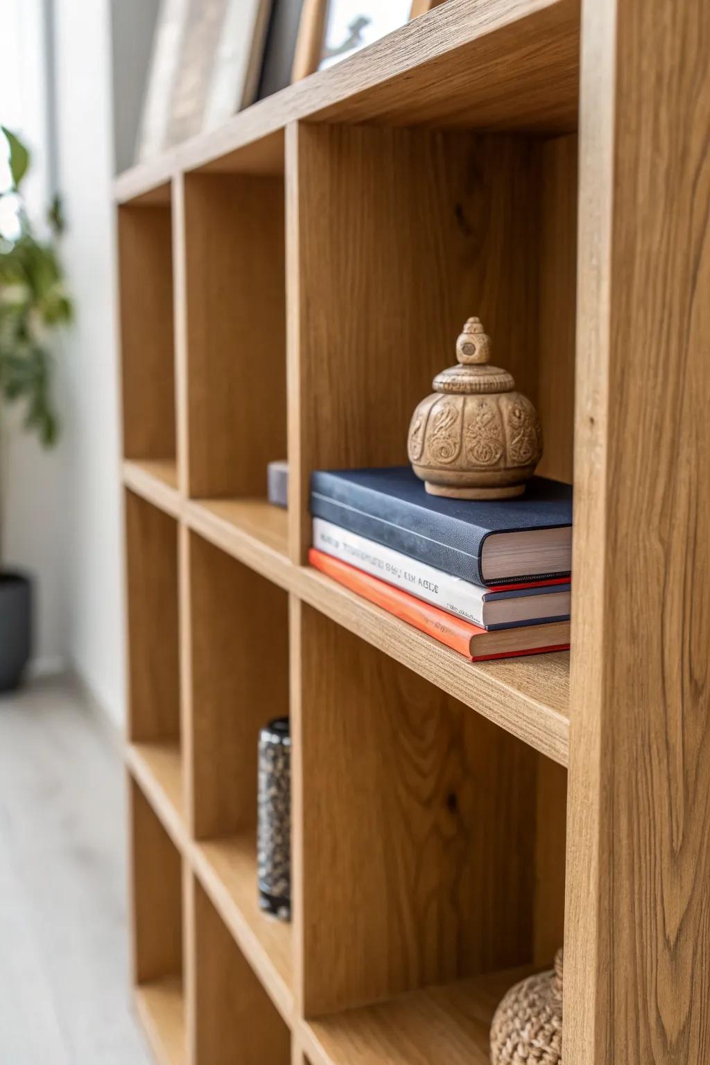 Bold hardcovers as a pedestal, topped with a hand-waxed mini wood sculpture for simple cubby style.