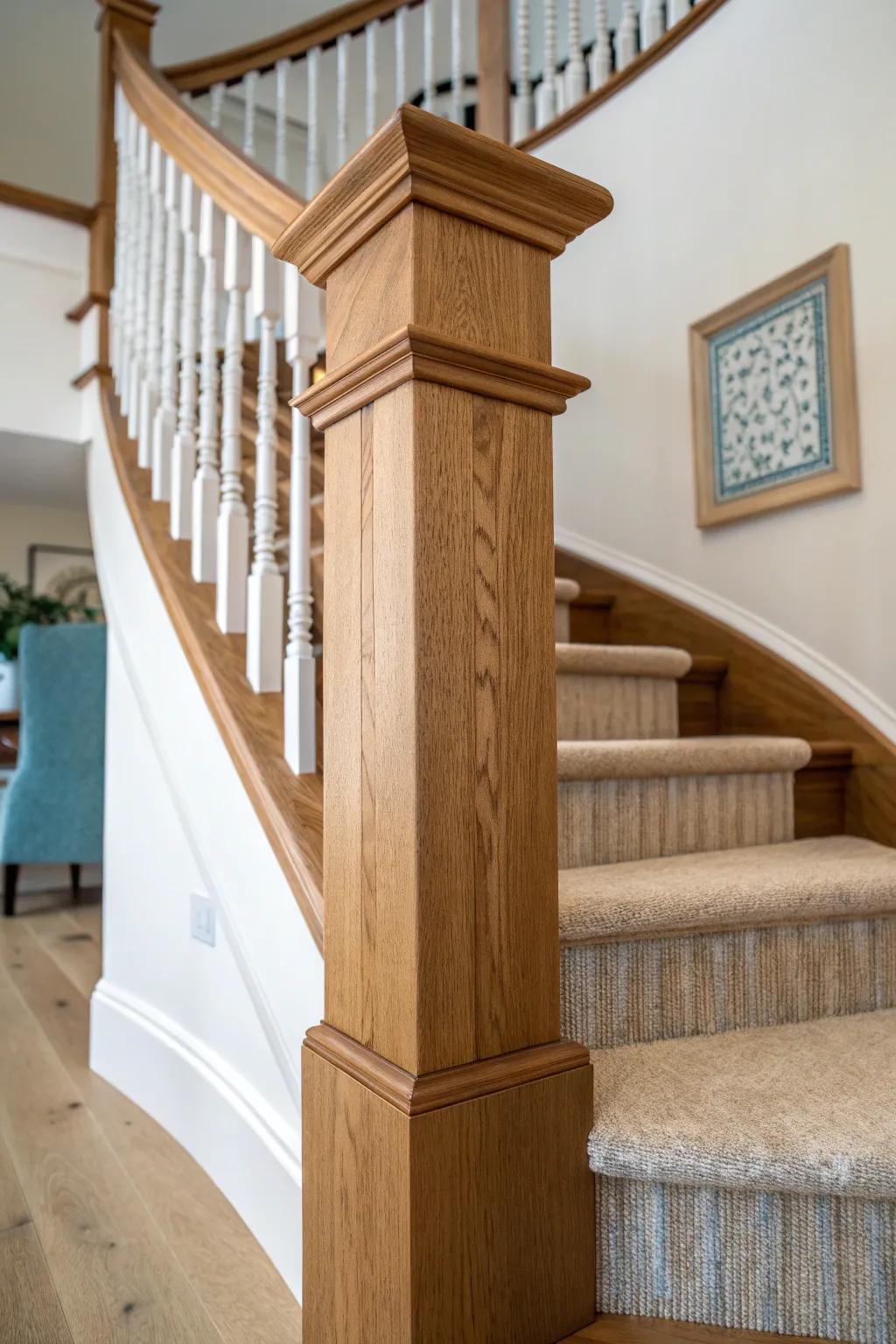 A chunky, warm-grain newel post anchors the curve—simple, bold, beautifully crafted.
