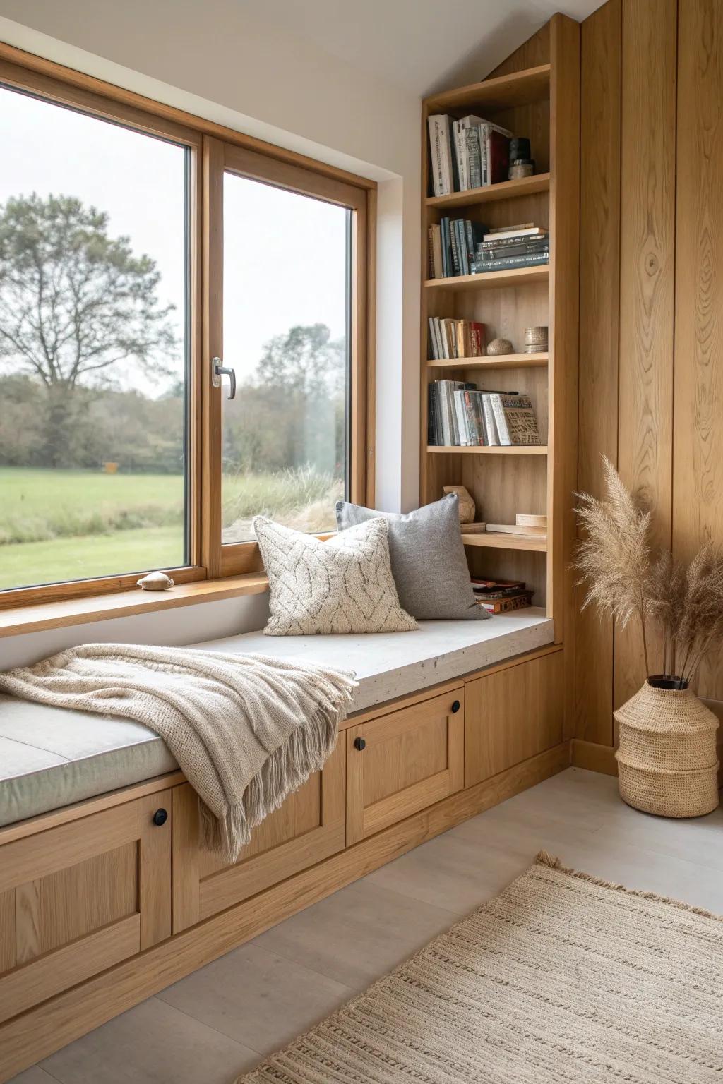Cozy window seat with custom side shelves—hidden lift-up storage for throws and clutter.