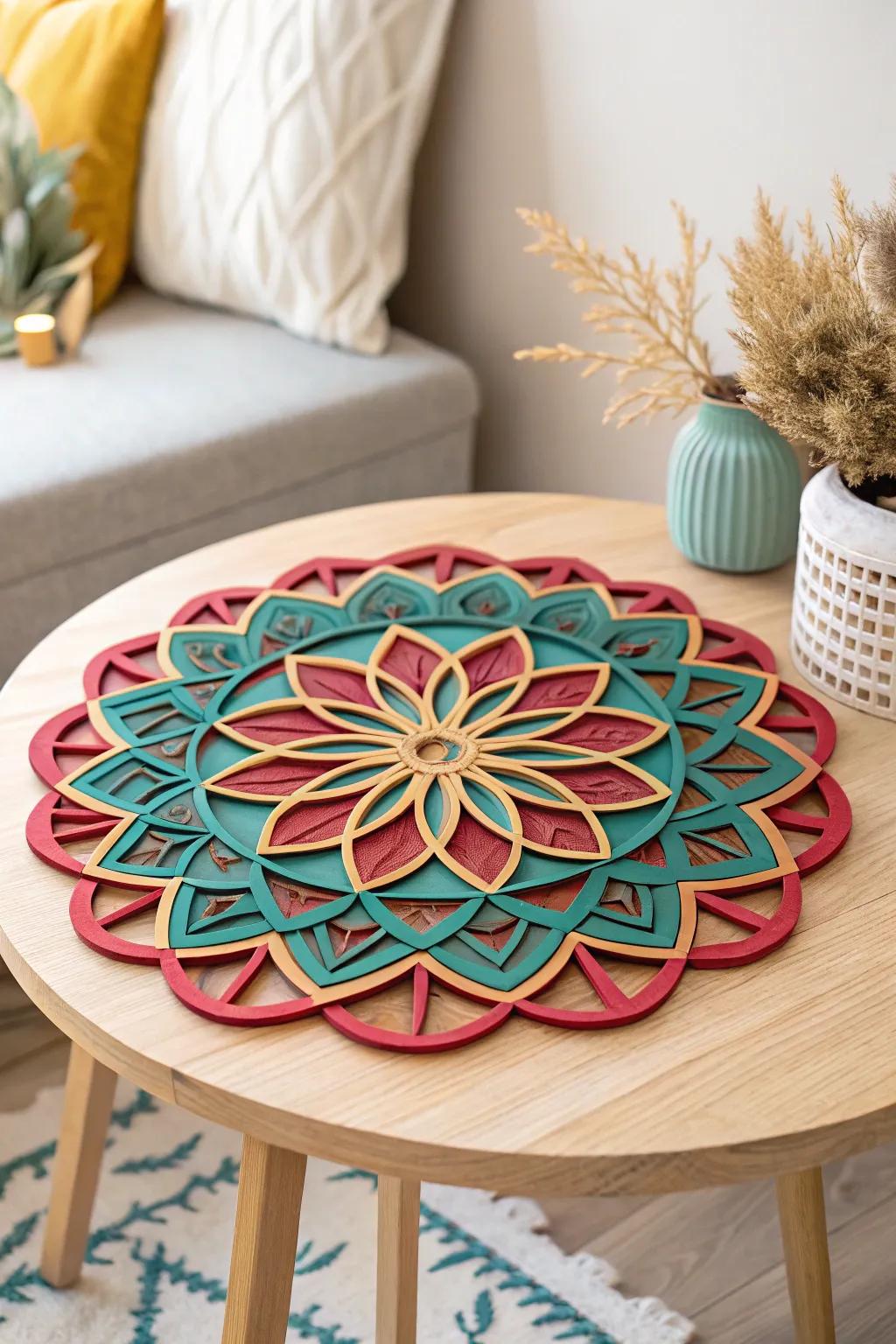 Elevate your space with the calm elegance of a layered paper mandala, where bold colors meet minimalist design.