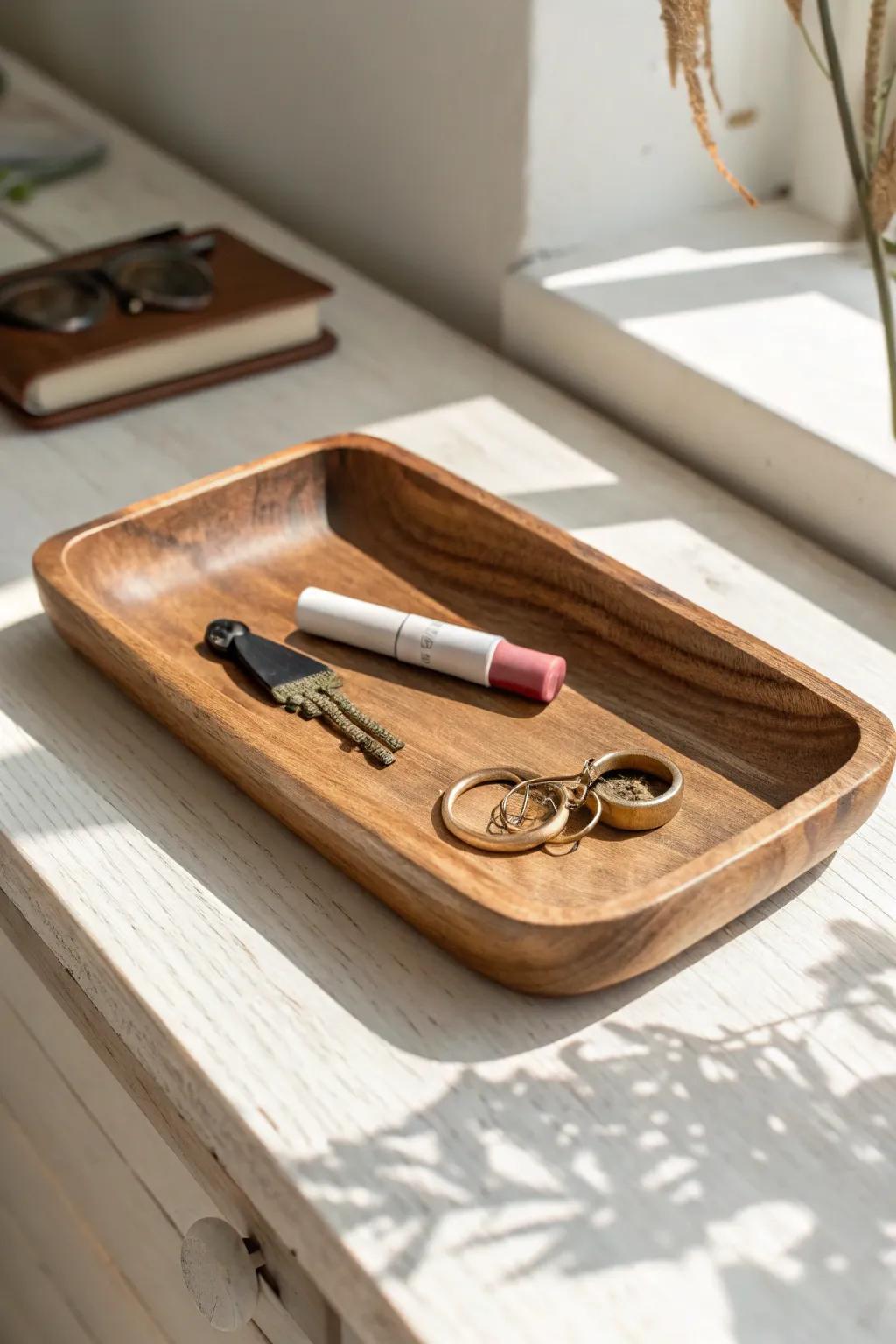 A silky matte reclaimed-wood catchall tray keeps keys, balm, and hair ties beautifully in place.