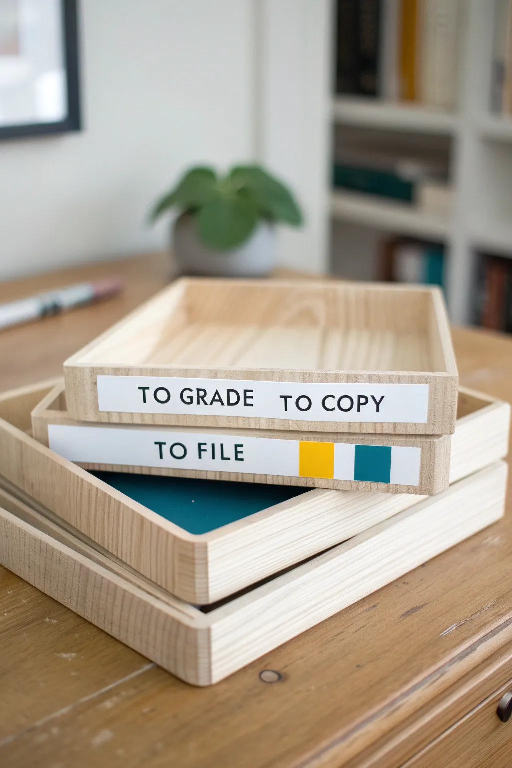 Handmade plywood paper trays with crisp labels—pretty, calm desk organization teachers love.