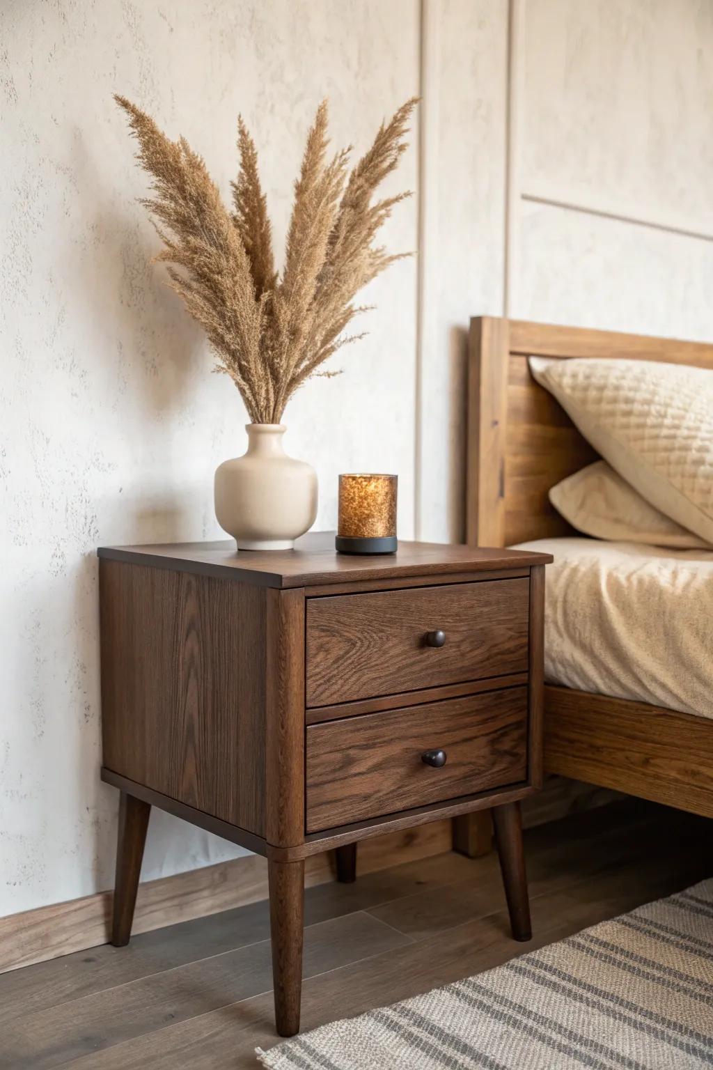 Dark brown nightstand that matches your bed frame—simple, cohesive, and instantly luxe.