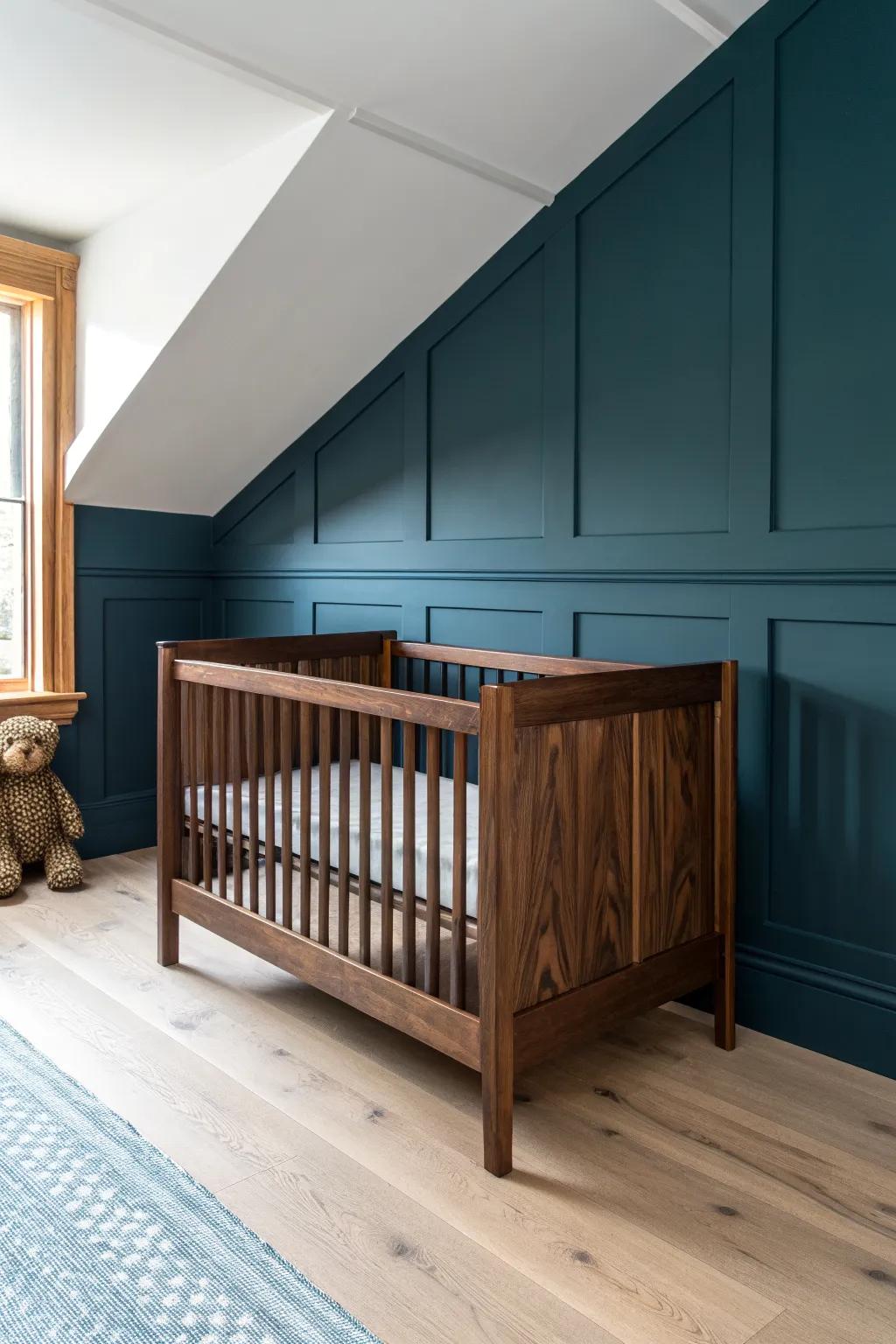 Dark brown crib + navy accent wall for a moody, designer nursery that still feels light.