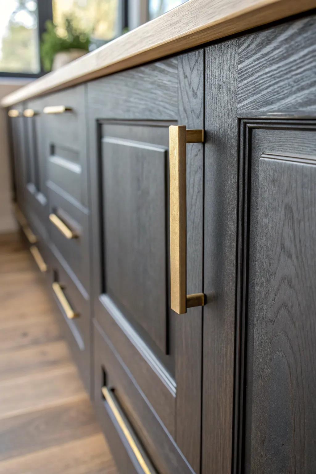 Warm brass hardware shines like jewelry against dark cabinets—simple, chic, and finished.